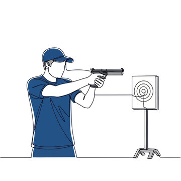 Man Shooting Target at Gun Range, One Line Drawing Style