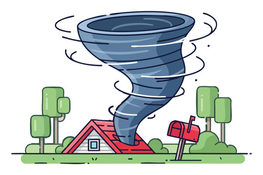 Cartoon Tornado Near House and Mailbox, Suburban Storm Illustration, Isolated Transparent Background PNG EPS