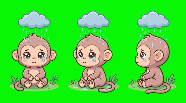 Sad Cartoon Monkeys Crying Under Rain Clouds on Green Background.