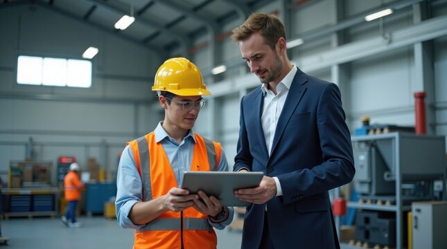 Un gerente de calidad y un analista de negocios revisan los datos de producci&oacute;n en una tableta en una f&aacute;brica moderna