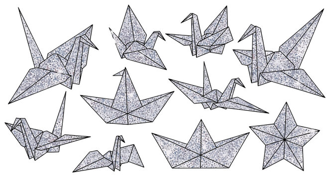Collection of origami paper cranes in various positions
