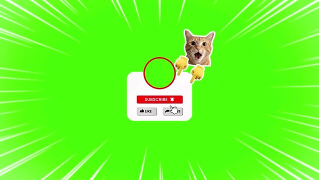 Green Screen Subscribe Animation with Cute Cat Pointing and Social Media Buttons