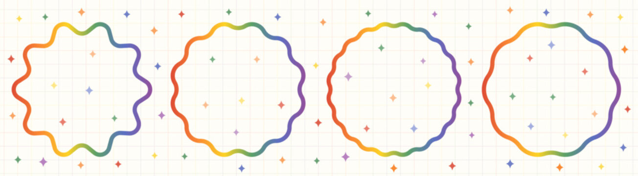 Rainbow Gradient Wavy Circle Frames Vector Set, Colorful LGBT Scalloped Round Borders, Cute Groovy Badge Graphic Elements for  Pride Month and Birthday Party Invitations
