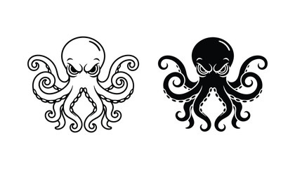 Angry octopus vector character set in outline and solid black style for mascot design and gaming assets © Opulent