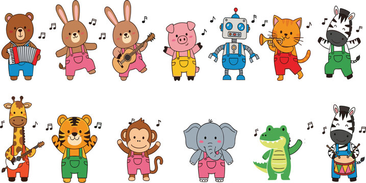 Cute dancing animal characters set with bear, rabbit, elephant, tiger and more, playful cartoon kids vector illustration