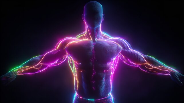 Abstract illustration of a human body with glowing neon veins and muscles on black background.