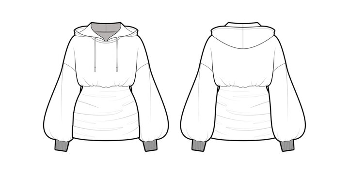Women's Hooded Balloon Sleeve Ruched Mini Dress-Front and Back View- Technical Illustration- CAD Mock-up