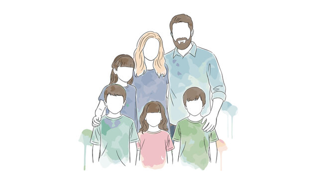Family group of six people wearing face masks indoors