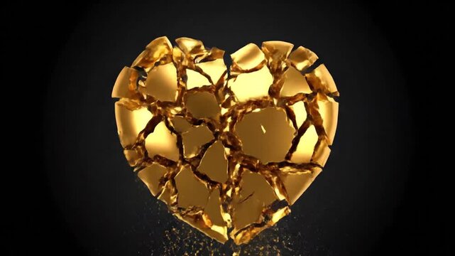 Golden heart shaped object breaks apart in dark space