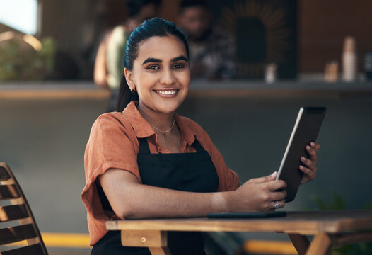 Waitress, tablet and portrait with woman in restaurant for small business, menu planning and startup. Entrepreneur, cafe shift roster and hospitality with person at coffee shop for catering app