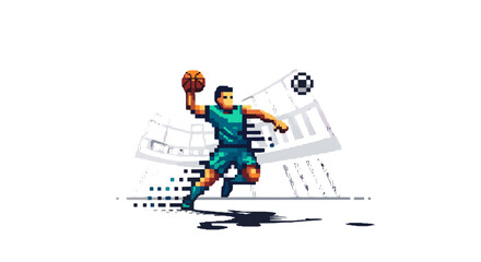 Fototapeta premium Pixel art basketball player jumping with ball on court