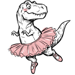Cute dinosaur ballerina wearing pink tutu and ballet slipper on transparent background. Funny tyrannosaurus rex dancing like ballerina. Preschool kid illustration design. © logonv