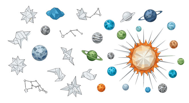 Collection of colorful planets stars and space objects