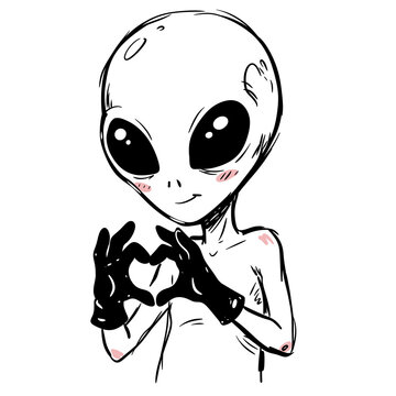 Cute alien making heart gesture with hand on transparent background. Funny extraterrestrial character showing love sign. Illustration of friendly space creature for kids.