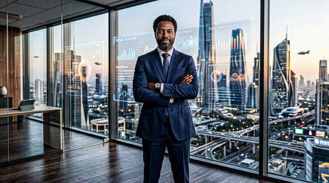 Confident Tech CEO Standing In Modern Office With City View