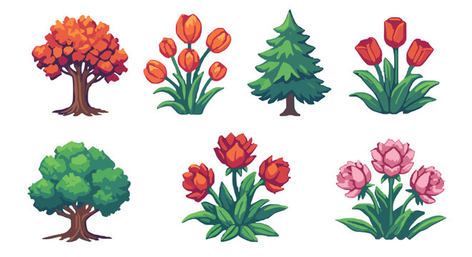 Collection of colorful spring and autumn trees and flowers