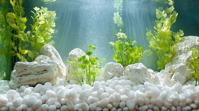 Beautiful freshwater aquarium landscape with white pebbles and aquatic plants.