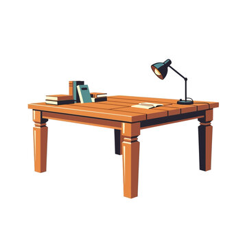Wooden desk with books and desk lamp, isolated on white background