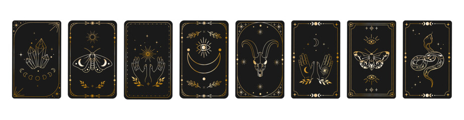 Set of mystical tarot cards templates with celestial symbols, crystals, moth, snake, hands, stars, and occult elements in elegant golden line art on black background,astrology, and boho design.Vector © Ilonka eva