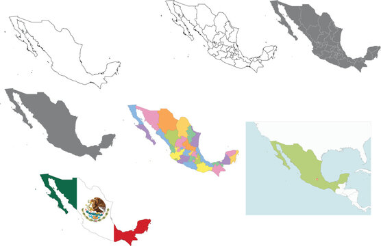 Collection of Mexico maps featuring administrative states, national flag silhouette, grey outlines, and regional North American location.