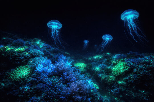 Deep ocean bioluminescence with glowing jellyfish and neon coral