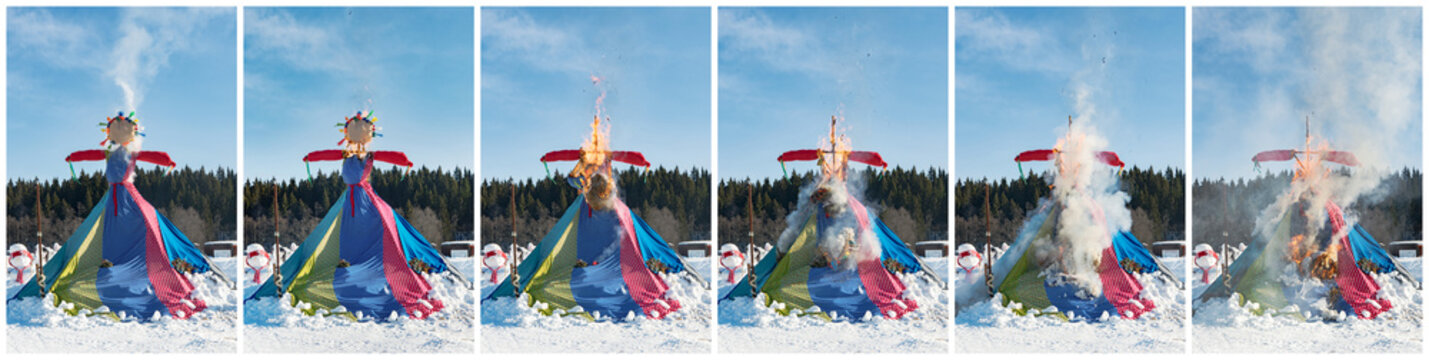 Colorful effigy is burned during Maslenitsa festival in Russia. Sequence of collage shows different stages of the burning