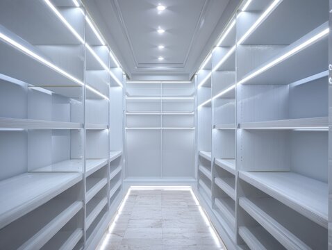 Minimalist white closet with LED lighting. Empty shelves line both sides of the aisle. Ceiling lights illuminate the clean, modern space. Floor glows softly from under-lighting