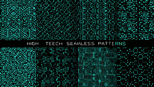 abstract geometric pattern collection with glowing teal circuit board designs on a black background high quality professional detailed