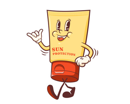 Groovy Sunscreen Cream Retro Character Illustration. Cartoon Sun UV Protection Tube with Chaka Figure Vector Summer Mascot Template. Happy Vintage Beach Personage Showing Victory Gesture Isolated