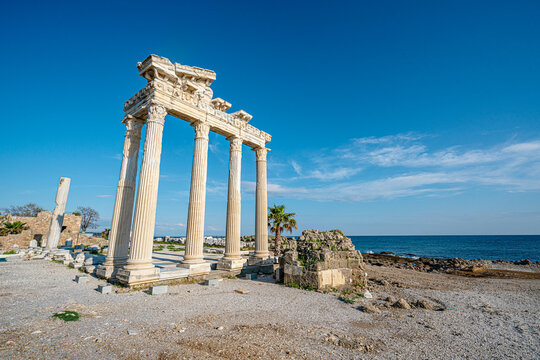 The scenic views of the Temple of Apollo (Apollon Tapınağı) is a Roman temple built around 150 A.D. during the Pax Romana era in the ancient Pamphylian town of Side, in southern Turkey on the Mediterr
