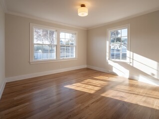 Fototapeta premium Empty room with hardwood floors and large windows. Soft sunlight streams through the panes. White trim accents the clean, modern design. Warm ceiling light illuminates the space