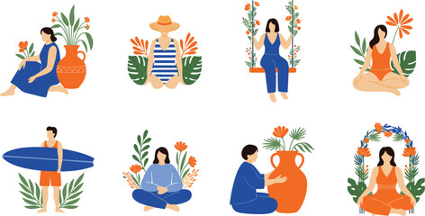 Fototapeta premium Women Relaxation and Lifestyle Collection with Yoga Meditation Surfing Reading Gardening Floral Decor Calm Female Activities Vector Illustration Set