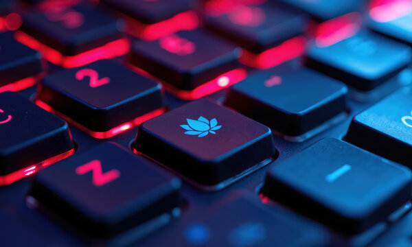 Keyboard keycap lotus flower icon illuminated by neon lights on a mechanical gaming setup for professional workspace environments