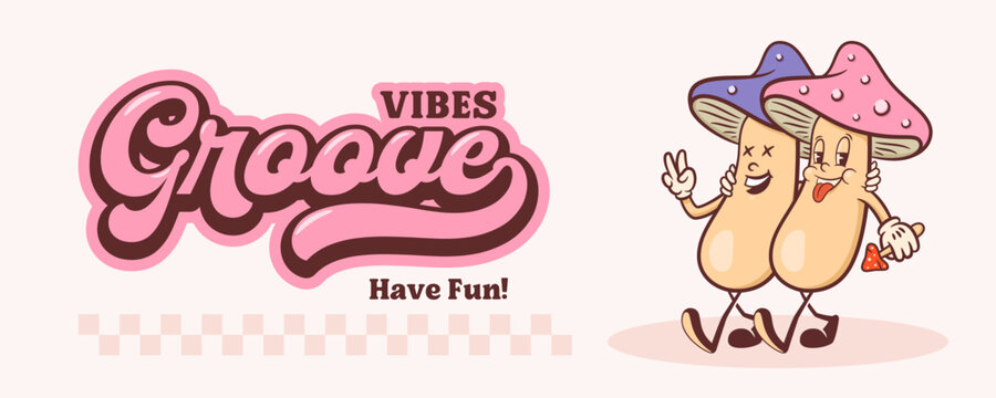 Groovy Mushrooms Retro Psychedelic Characters Banner. Cartoon Shrooms Personage Smiling. Vector Funny Mascot Template Trippy Design. Happy Vintage Cool Y2K Illustration. Isolated