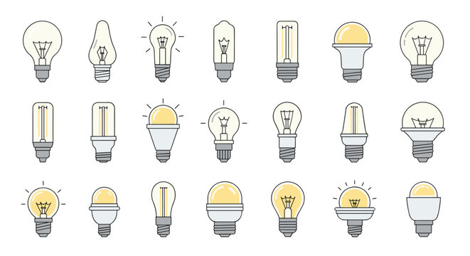 Large collection of diverse light bulb designs including traditional incandescent, halogen, and modern LED varieties.