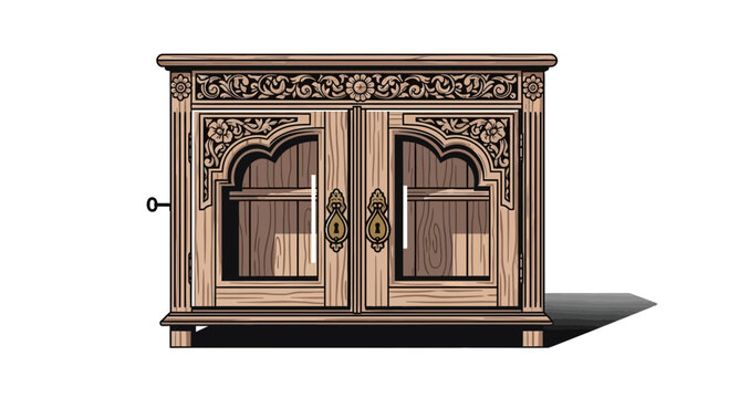 Ornate wooden cabinet with carved details and glass doors, vintage style