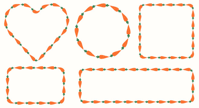Carrot Vector Frames Set, Cute Spring Garden Vegetable Borders, Heart Circle Rectangle Labels