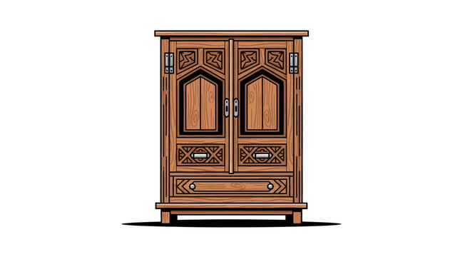 Ornate wooden wardrobe with carved details and metal accents, isolated on white.