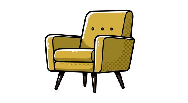 Retro yellow armchair with mid-century modern design on white background