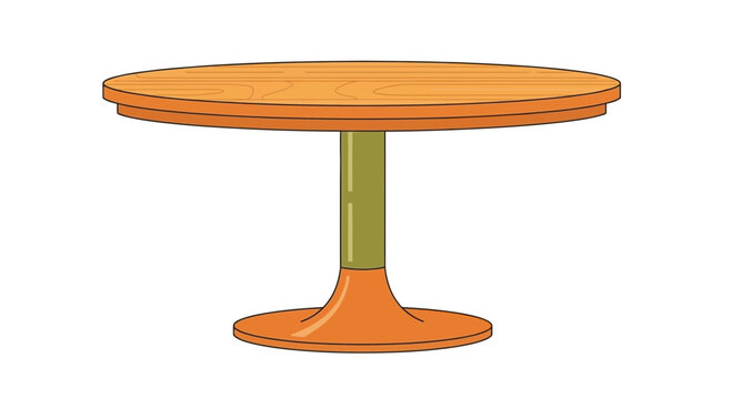 Round wooden table with orange base and green pedestal, isolated on white
