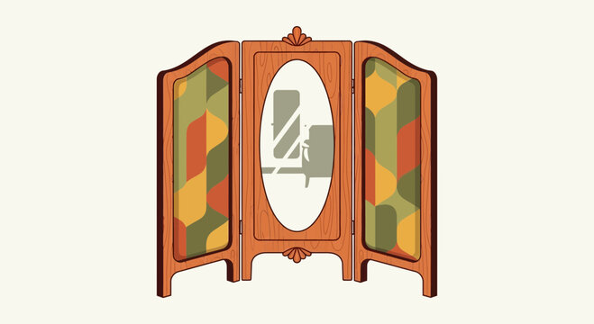Vintage Folding Screen with Oval Mirror and Geometric Pattern