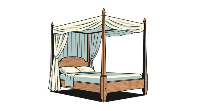 Vintage four-poster bed with canopy, white curtains, and blue bedding