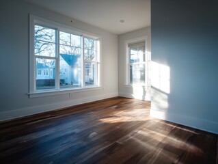 Fototapeta premium Empty room with hardwood floors and bright windows. Sunlight streams across polished wooden planks. Clean white walls frame the serene space. Large windows offer a view of distant houses
