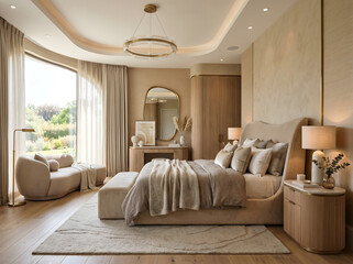 Fototapeta premium Luxurious beige bedroom interior with large window and comfortable furnishings