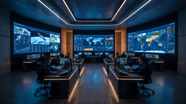 modern digital command center with large screens and computers