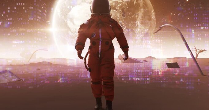 Cyberpunk astronaut walking through virtual reality city in desert. Futuristic Space Related 3D Animation.