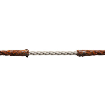 A taut industrial steel cable showing heavy orange rust at the ends transitioning to polished silver strands against a transparent background, industrial strength