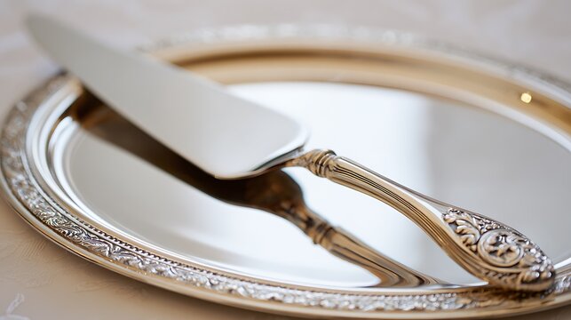 Vintage ornate silver cake server on a reflective silver tray.
