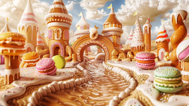 Magical Fantasy Castle Made of Colorful Macarons and Sweets in a Cloud Kingdom