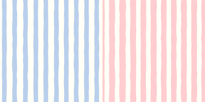 Soft Hand Painted Pastel Stripes Seamless Vector Patterns in Blue and Pink for Gender Reveal Baby Shower Backgrounds or Nursery Textiles